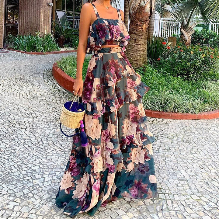 Damen Maxi-Rock mit gestuftem Volant und floralem Design W&W Mode