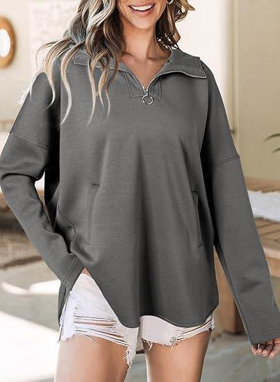 Damen lässiger Oversized Pullover mit halben Reißverschluss und Seitentaschen WW