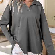 Damen lässiger Oversized Pullover mit halben Reißverschluss und Seitentaschen WW