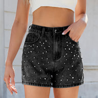 Damen Shorts mit glitzernden Pailletten-Details und hohem Bund WW