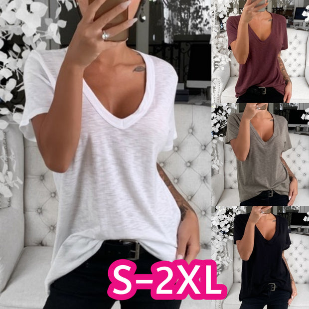 Damen Lässiges T-Shirt mit tiefem V-Ausschnitt und lockerer Passform WW