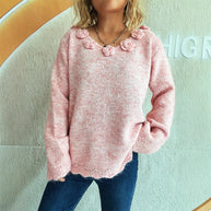 Damen Pullover mit romantischen Rosenapplikationen und weitem Schnitt WW