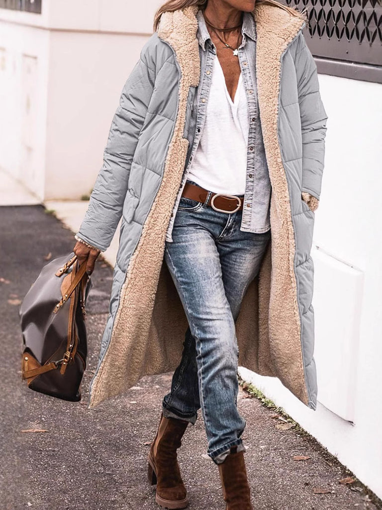 Damen lange Steppjacke mit kuscheligem Teddyfutter und großem Revers WW