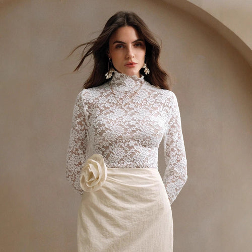 WW | Spitze Langarm Dehnbarem Rollkragen T-Shirt