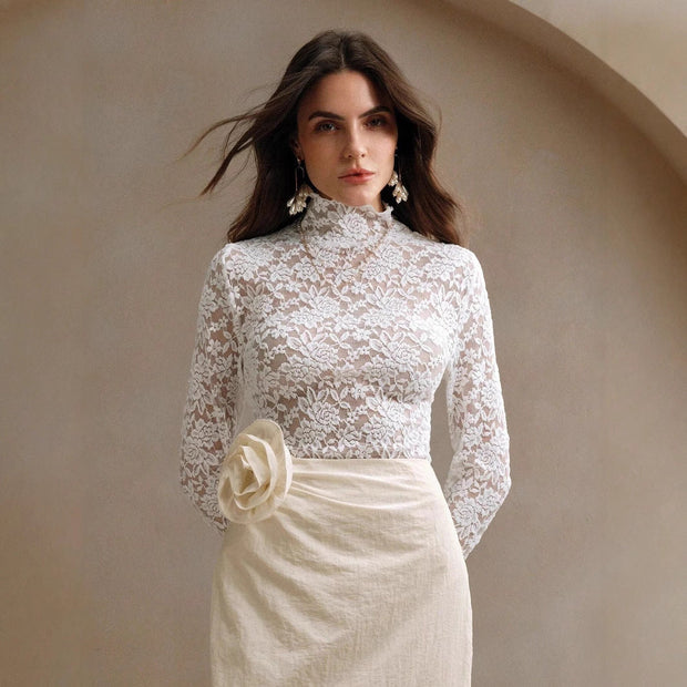 WW | Spitze Langarm Dehnbarem Rollkragen T-Shirt