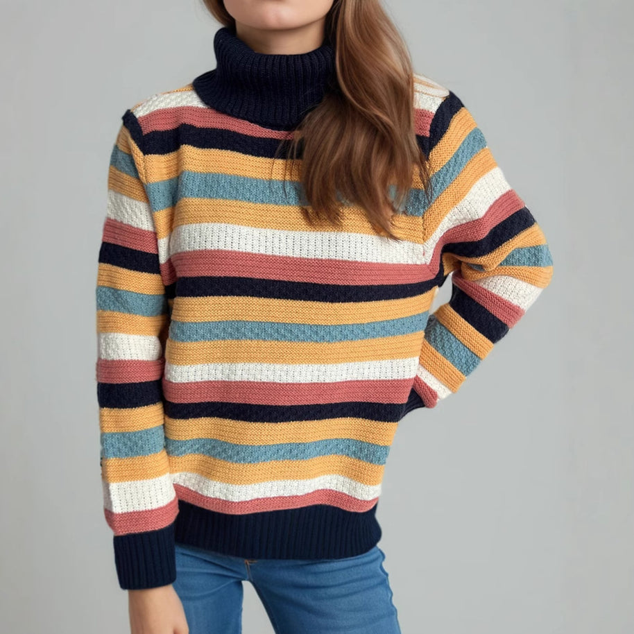 Damen Rollkragenpullover mit farbenfrohen Streifen und hochwertiger Strickqualität WW