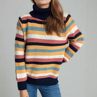 Damen Rollkragenpullover mit farbenfrohen Streifen und hochwertiger Strickqualität WW