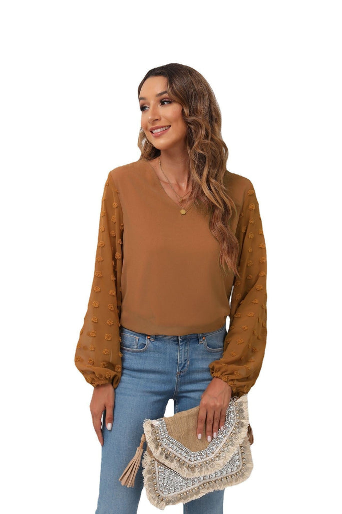 WW | Chiffon Zusammensetzung Langarm V-Ausschnitt Shirt Top
