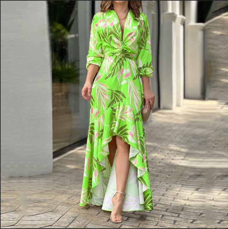 WW | Blättermuster 3/4 Länge Hi-Lo Maxi Kleid