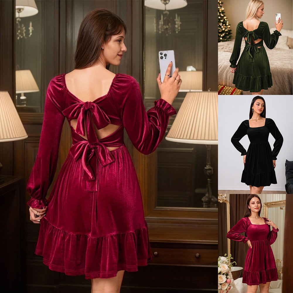 Damen Samtkleid mit voluminösen Ärmeln und schickem Rüschensaum W&W