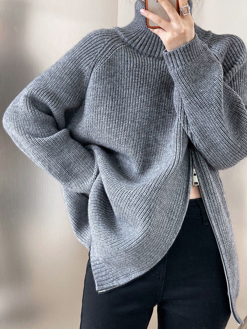 W&W Mode Rollkragenpullover mit Seitenschlitz einfarbig gestrickt