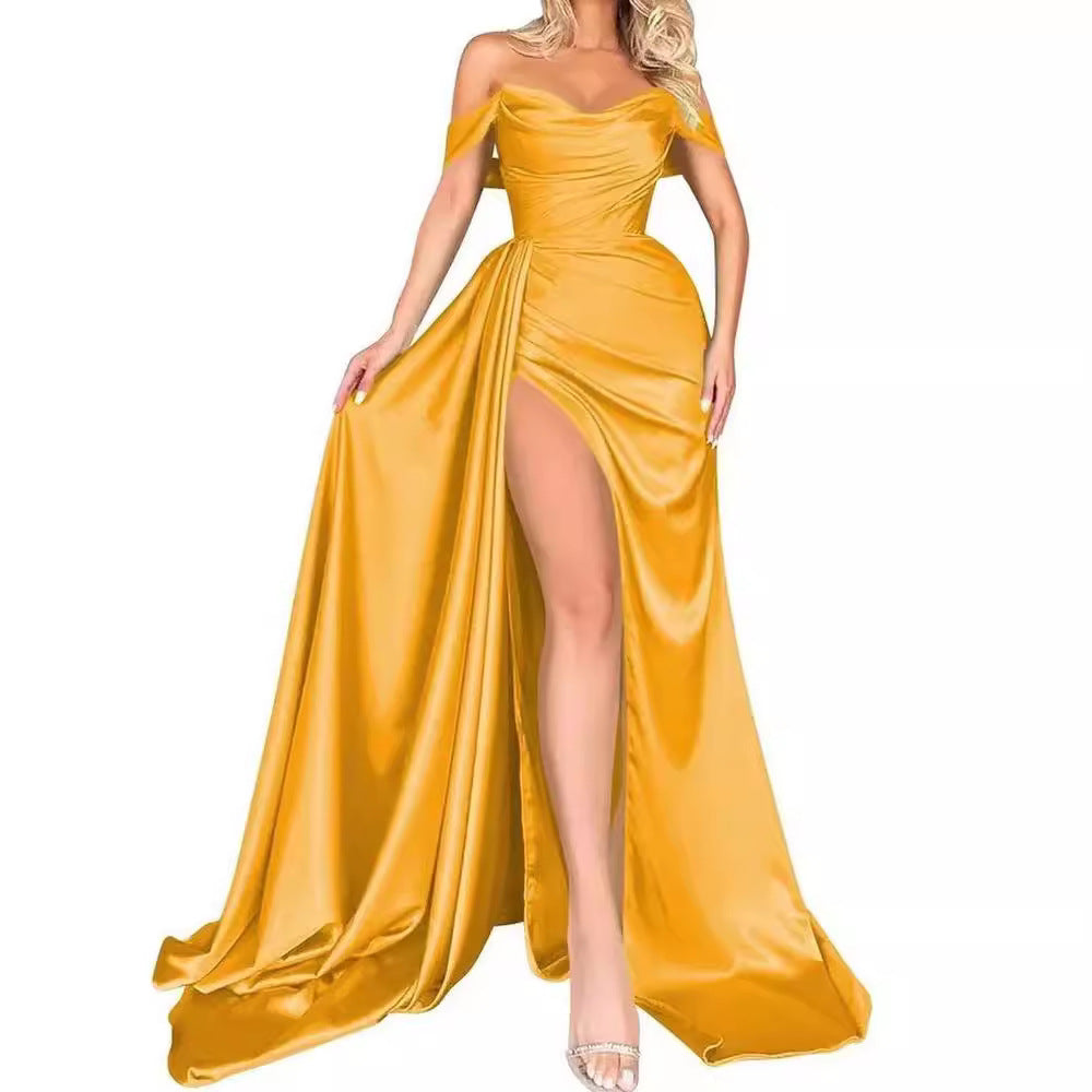 Damen Off-Shoulder Abendkleid mit hohem Beinschlitz und voluminösem Rock W&W Mode