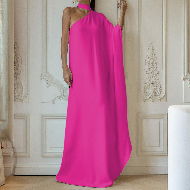 Damen elegantes One-Shoulder Abendkleid mit fließendem Stoff und schickem Kragen WW