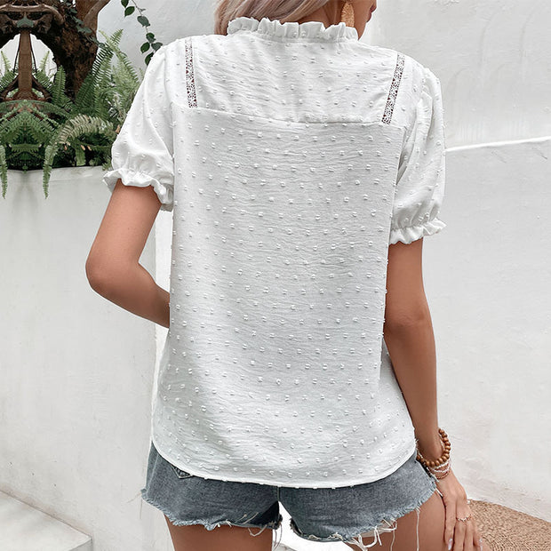 Damen Bluse mit dekorativem Spitzenbesatz und Knopfdetails WW