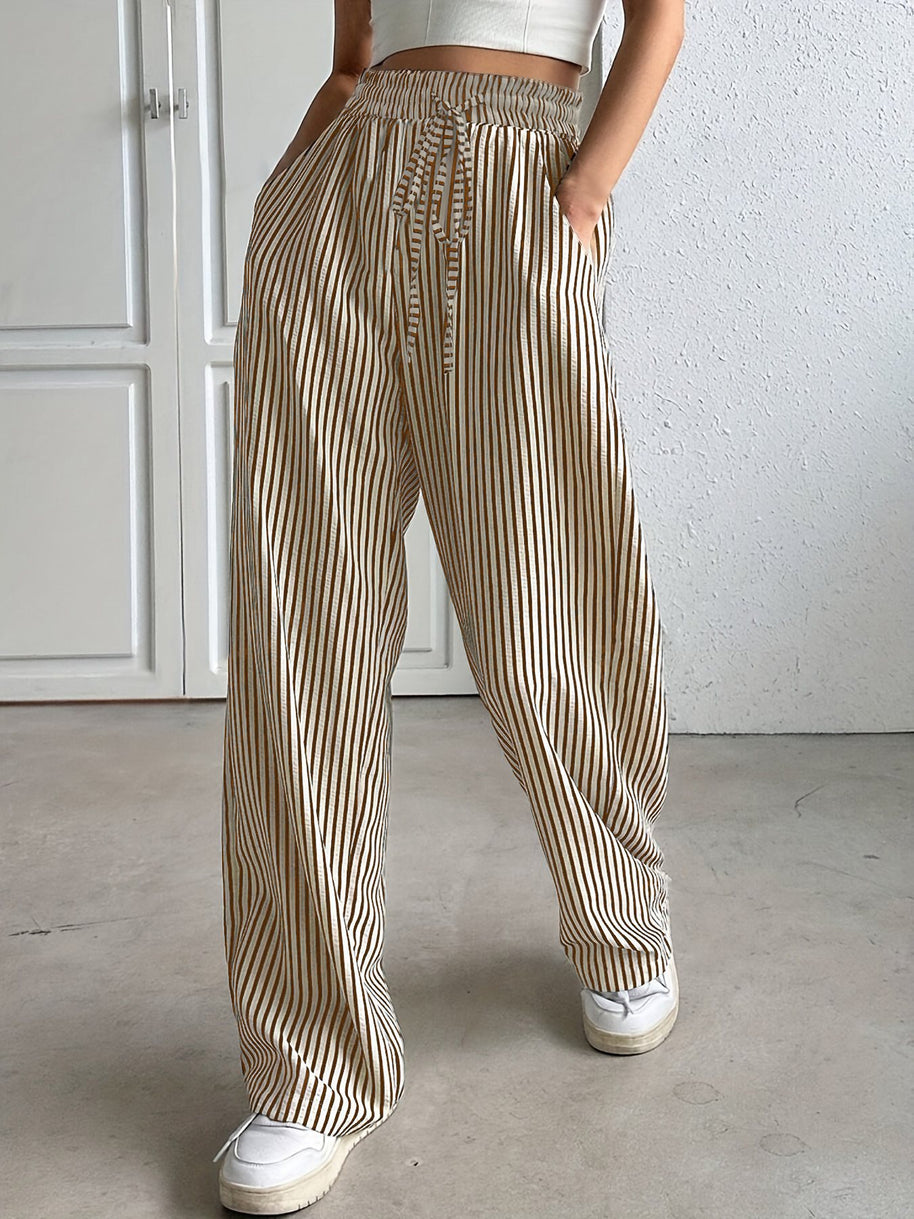 Damen weite gestreifte Stoffhose mit elastischem Bund und praktischen Taschen WW