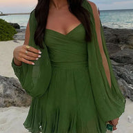 Damen Kurzkleid mit schwingendem Rock und transparenten Ärmeln WW