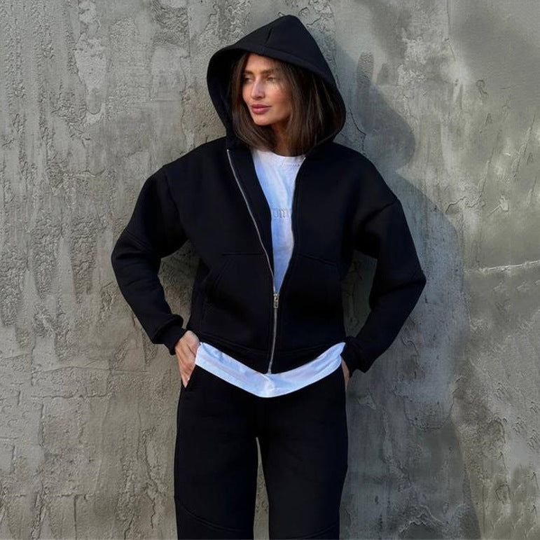 Damen bequemer Fleece-Trainingsanzug mit hohem Kragen WW