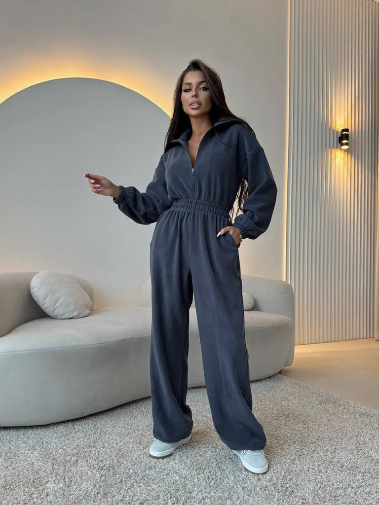 Damen eleganter Jumpsuit mit kurzem Reißverschluss und elastischem Bund WW
