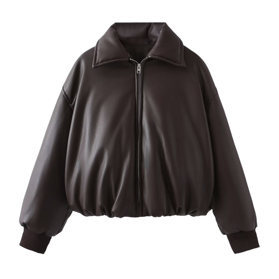 Damen Steppjacke aus Kunstleder mit hohem Kragen und elastischem Bündchen WW