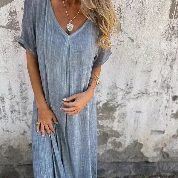 W&W Mode | Baumwolle Leinen V-Ausschnitt Kleid