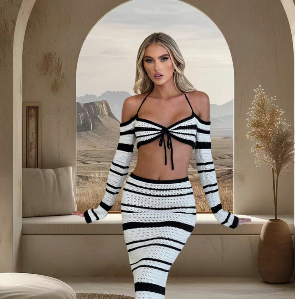 Damen Set aus gestreiftem Crop-Top und Maxi-Rock WW