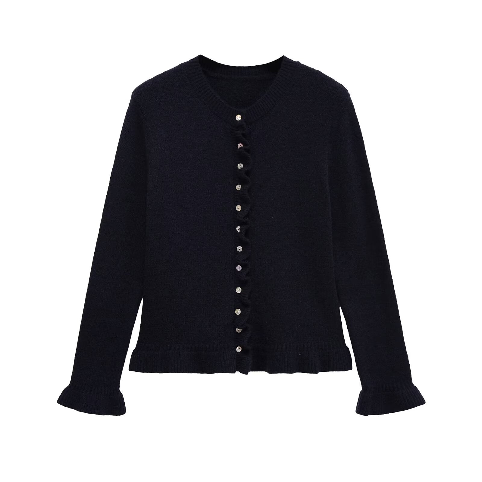 Damen Strickjacke mit dezentem Rüschendetail und hochwertigen Knopfverzierungen WW