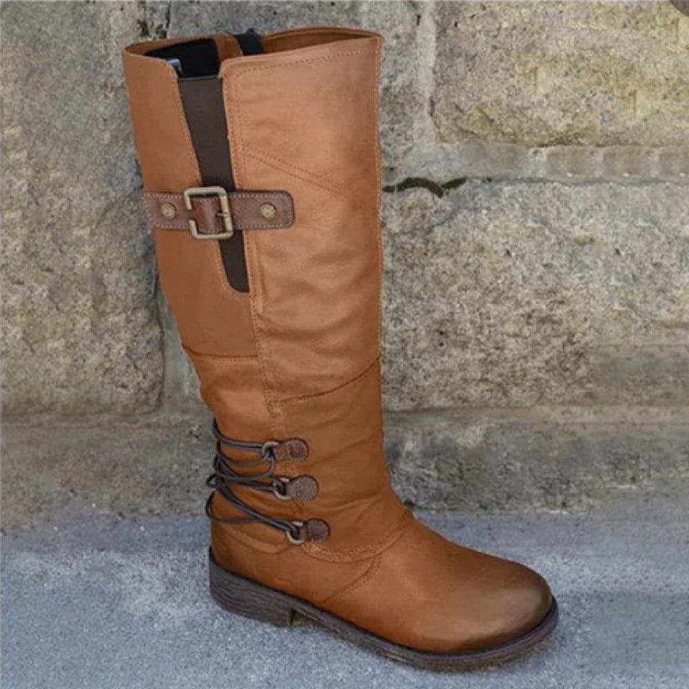 Damen Lederstiefel mit dekorativem Riemen und praktischem Schnürdesign WW