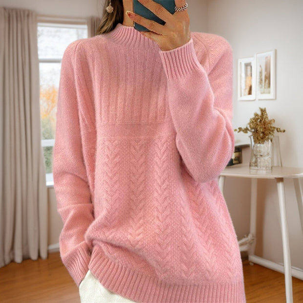 Damen Strickpullover mit kreativem Zopfmuster und hohem Kragen WW