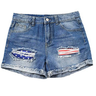 Damen Denim-Shorts mit kreativen Flaggenapplikationen und lässigem Destroyed-Design WW