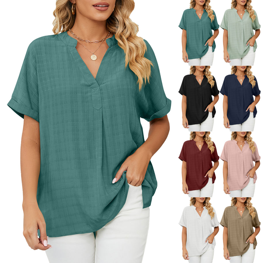 Damen V-Ausschnitt Bluse mit lässigem Schnitt und dekorativer Struktur WW