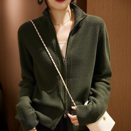 Damen Strickjacke mit hohem Kragen und durchgehendem Reißverschluss WW