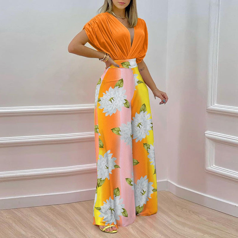 Damen Jumpsuit mit tiefem V-Ausschnitt und weitem Bein W&W Mode