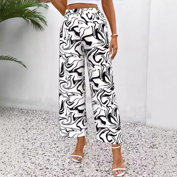 Damen Weite Palazzo-Hose mit modernem Marmorprint und elastischem Bund WW