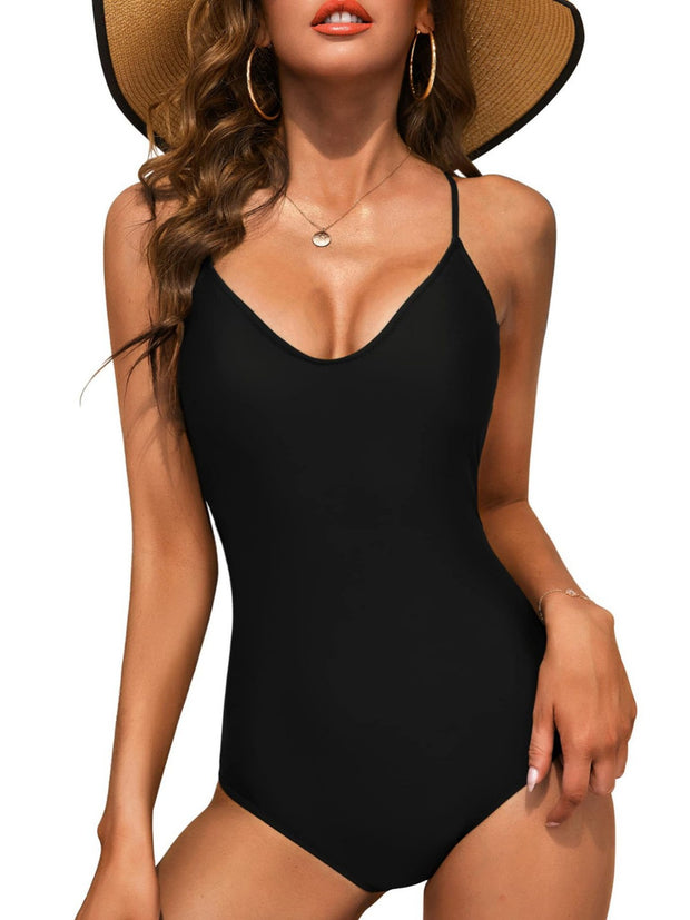 WW | Damen Einteiler Badeanzug mit tiefem V-Ausschnitt und verstellbaren Spaghettiträgern
