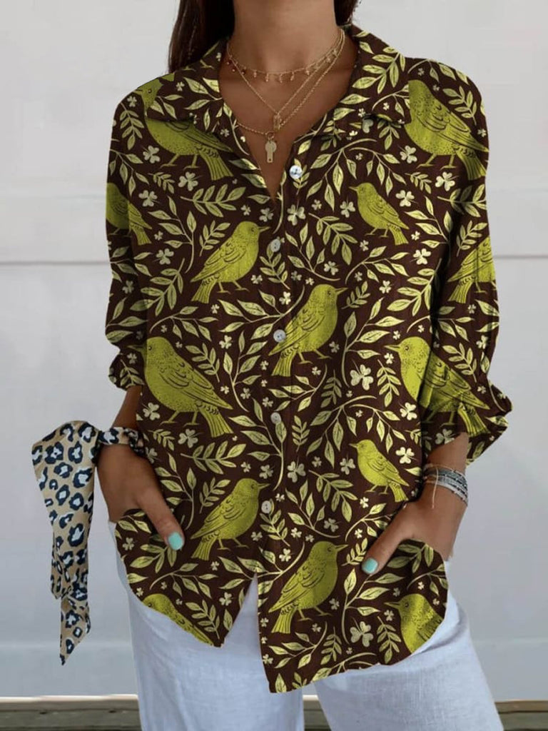 WW | Floral Birds Kunst Leinen V-ausschnitt Shirt Für Frauen