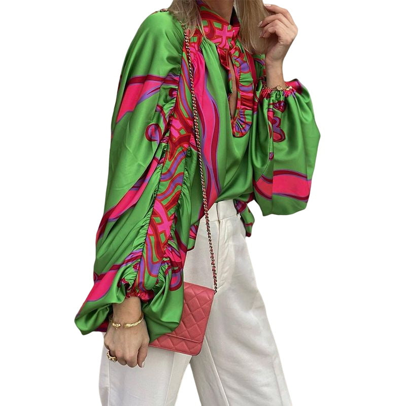Damen Stylische Bluse mit voluminösen Ärmeln und farbenfrohem Muster WW