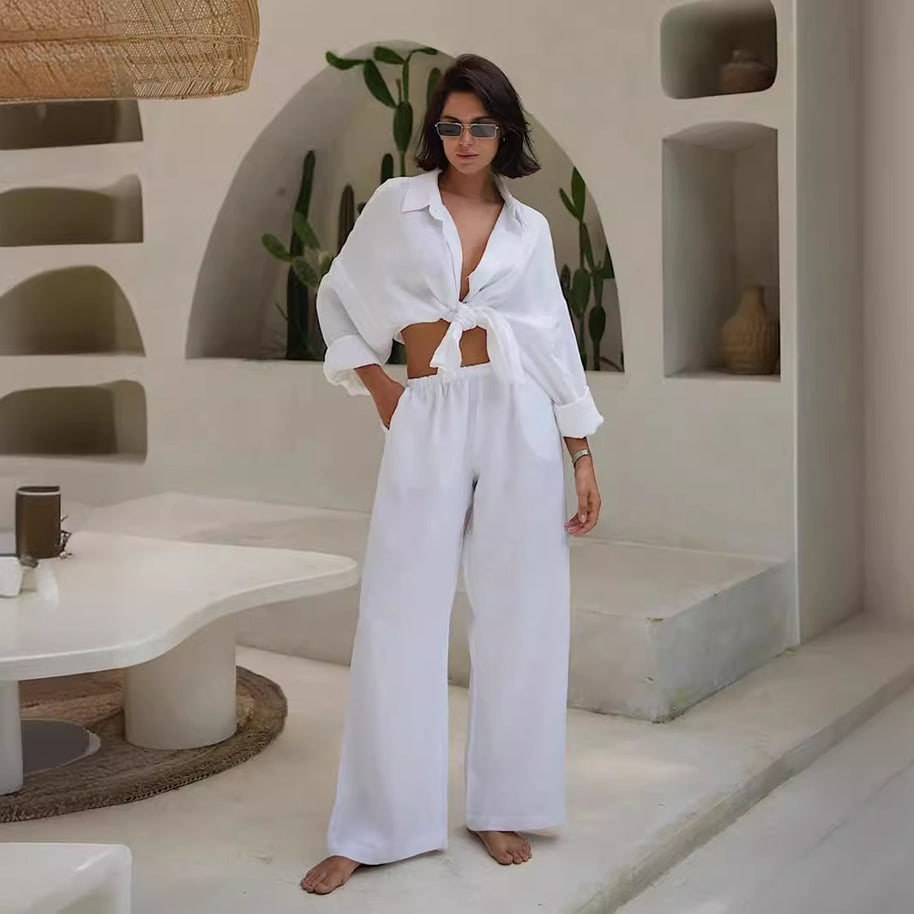 Damen Bequemes Leinen-Loungewear-Ensemble mit weiten Ärmeln und fließender Hose WW