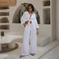 Damen Bequemes Leinen-Loungewear-Ensemble mit weiten Ärmeln und fließender Hose WW
