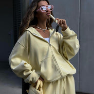 Damen bequeme und lässige Kapuzenjacke mit weitem Schnitt und passenden Jogginghosen WW