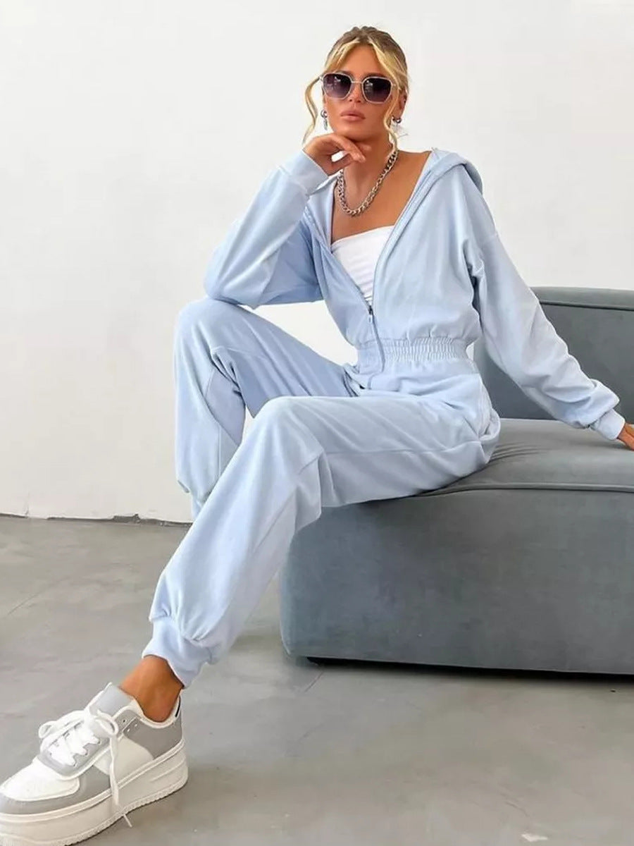 Damen sportlicher Fleece-Jumpsuit mit durchgehendem Reißverschluss WW