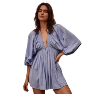 Damen Sommerliches Minikleid mit Puffärmeln und V-Ausschnitt WW