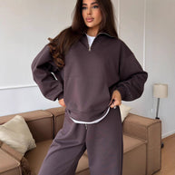 Damen bequemer und stylischer Fleece-Pullover mit halbem Reißverschluss und weiten Hosen WW