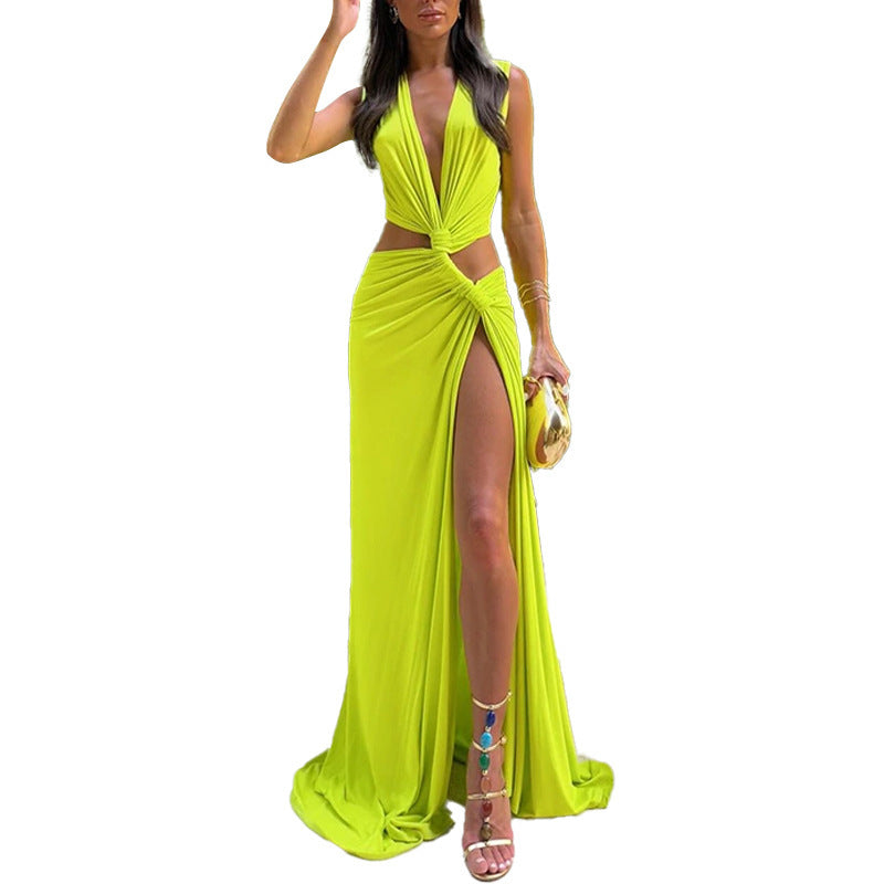 Damen Maxikleid mit tiefem V-Ausschnitt und verführerischem Wickeleffekt W&W Mode