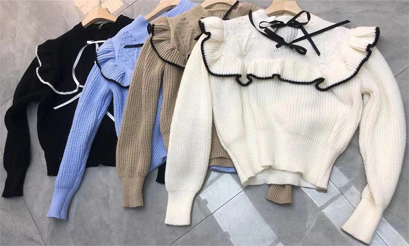 Damen Strickpullover mit Rüschenkragen und dekorativen Schleifen WW