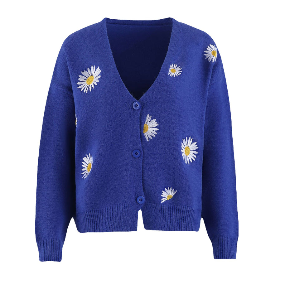 Damen Strickjacke mit Blumenstickerei und V-Ausschnitt WW