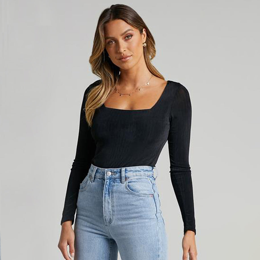 Damen Body mit quadratischem Ausschnitt und langen Ärmeln aus feinem Rippenstrick WW