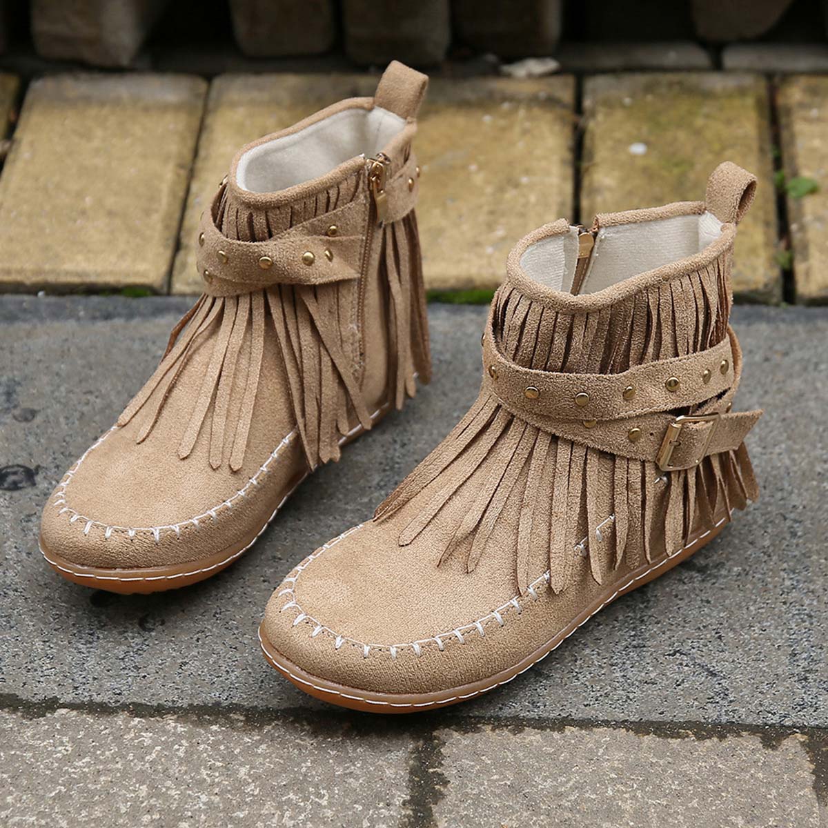 WW | Boho Stiefelette Mit Fransen Und Schnallen Für Damen