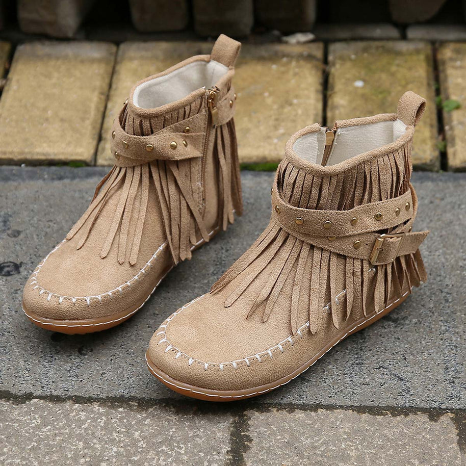 WW | Boho Stiefelette Mit Fransen Und Schnallen Für Damen