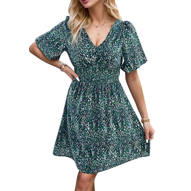 Damen fließendes Kurzkleid mit elastischem Taillenzug und V-Ausschnitt W&W Mode