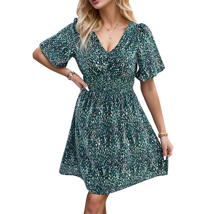 Damen fließendes Kurzkleid mit elastischem Taillenzug und V-Ausschnitt W&W Mode